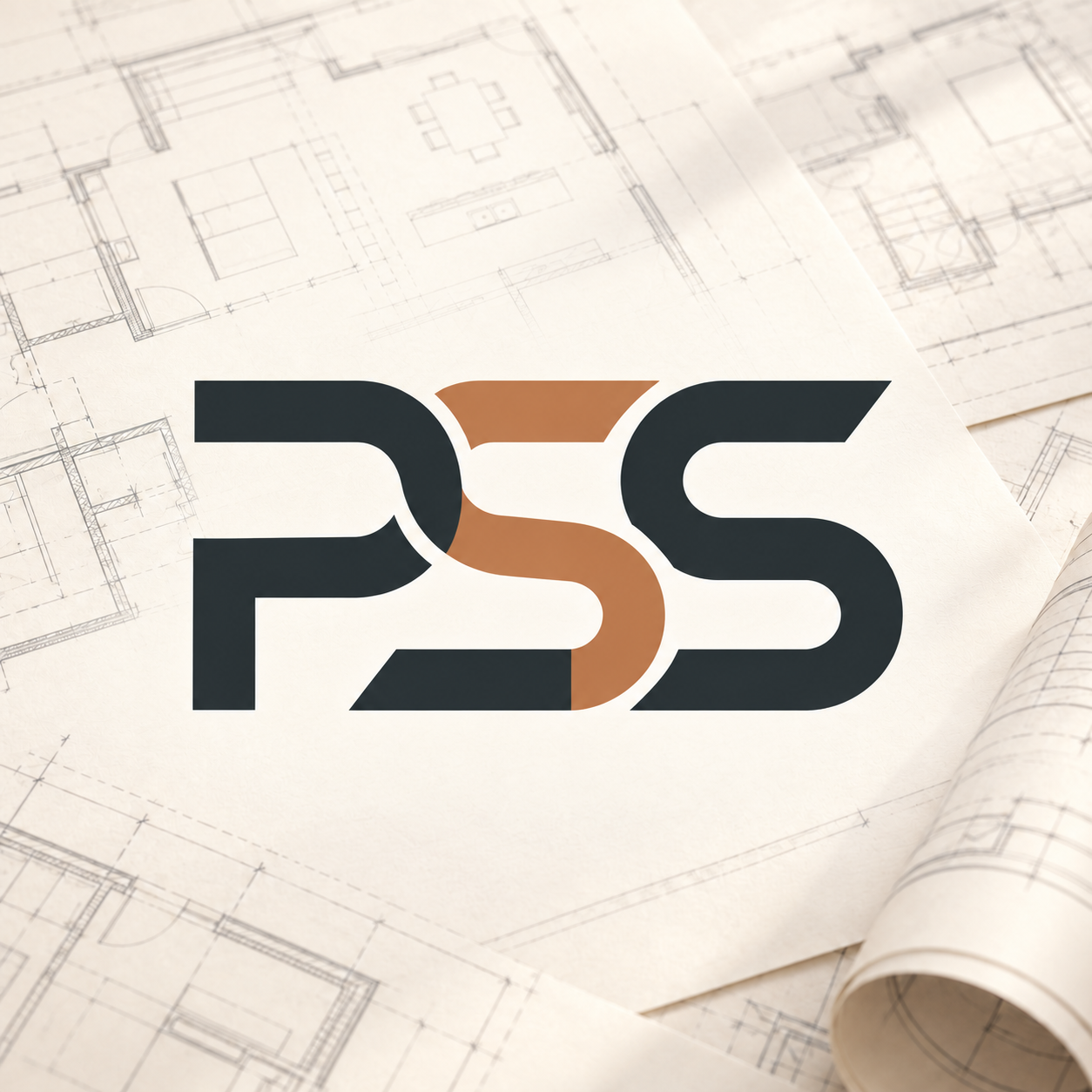 Copper and charcoal PSS monogram over warm architectural plan sheets